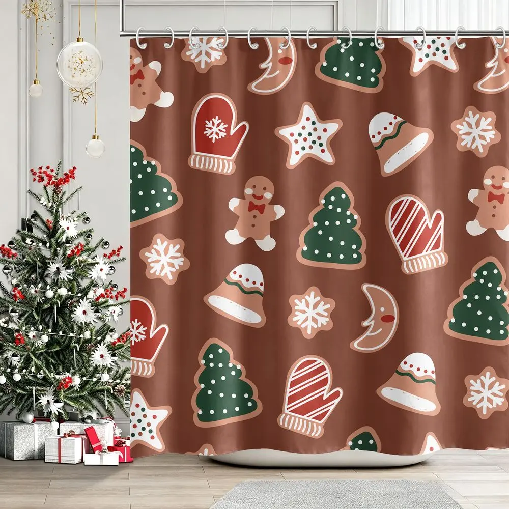 1Pcs Christmas Gingerbread Shower Curtain, Festive Holiday Bathroom Decor Set with Snowflake and Tree Pattern, Waterproof Cloth Fabric Bathtub Privacy Curtain for Winter Home Decor with 12 Hooks