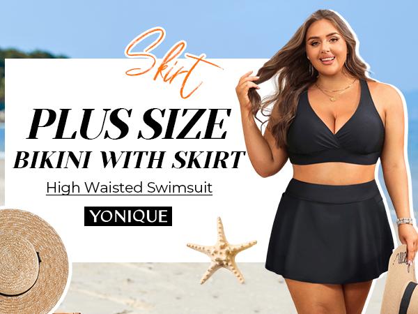 Yonique Women's Plus Size High Waisted Bikini - Two Piece Swimsuit with Skirt Tummy Control Bathing Suit with Pocket