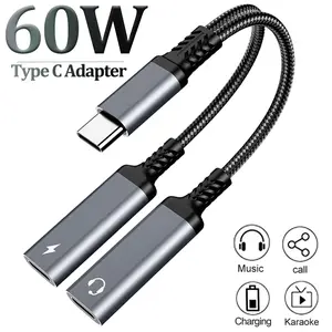 OTG 2 IN 1 USB C Splitter to Dual Type USB C Headphone Jack Audio Adapter PD 60W Fast Charger