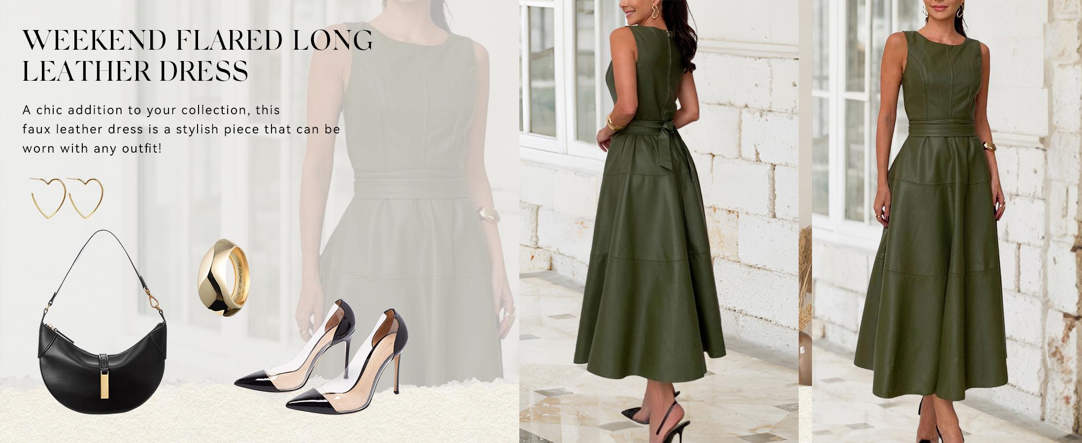 CHARTOU Women's Summer and Autumn Sleeveless PU Faux Leather Dress Elegant Flowing Maxi Dress with Belt