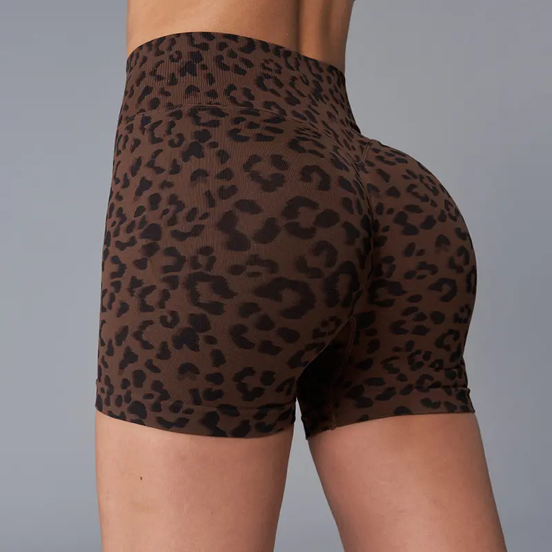 Women High Waist Leopard Print Sports Shorts, Tummy Control Stretch Workout Yoga Shorts, Quick Dry Athletic Shorts