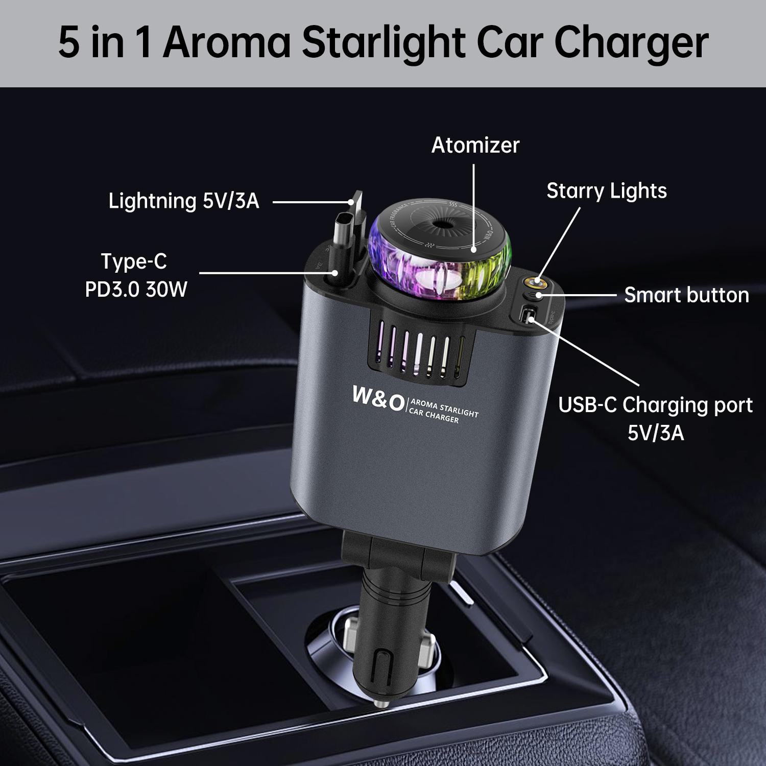 Aromatic Starlight In Car Roof Retractable Car Charger 5-in-1 Smart Car Charger Lightning Cable Fast Charging Adapter red light Car Air Freshener Starlight