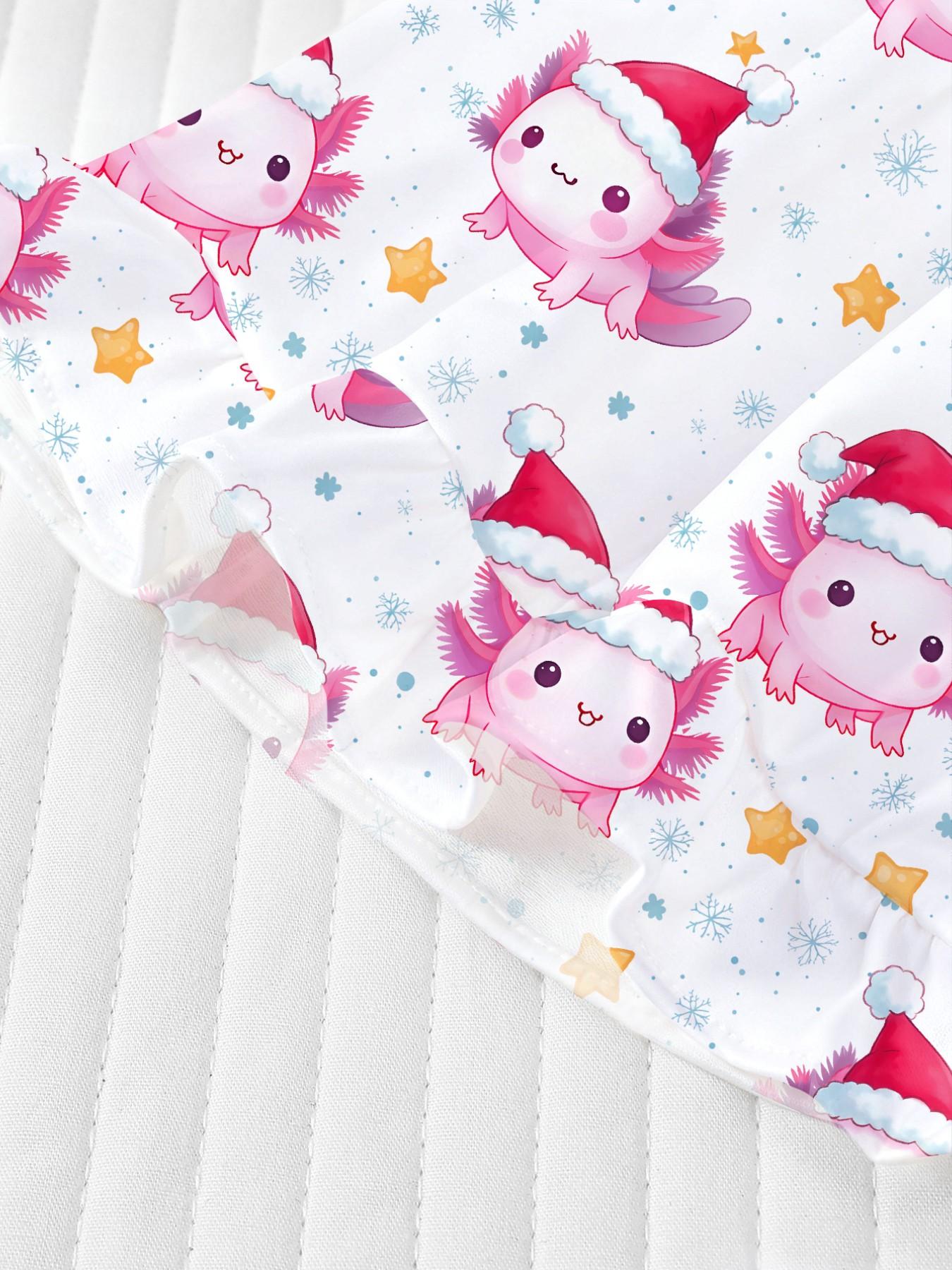 New Christmas Cartoon Print Kids Pajama Set, Short Sleeve Shirt and Loose Fit Pants, Breathable Casual for Holiday Parties