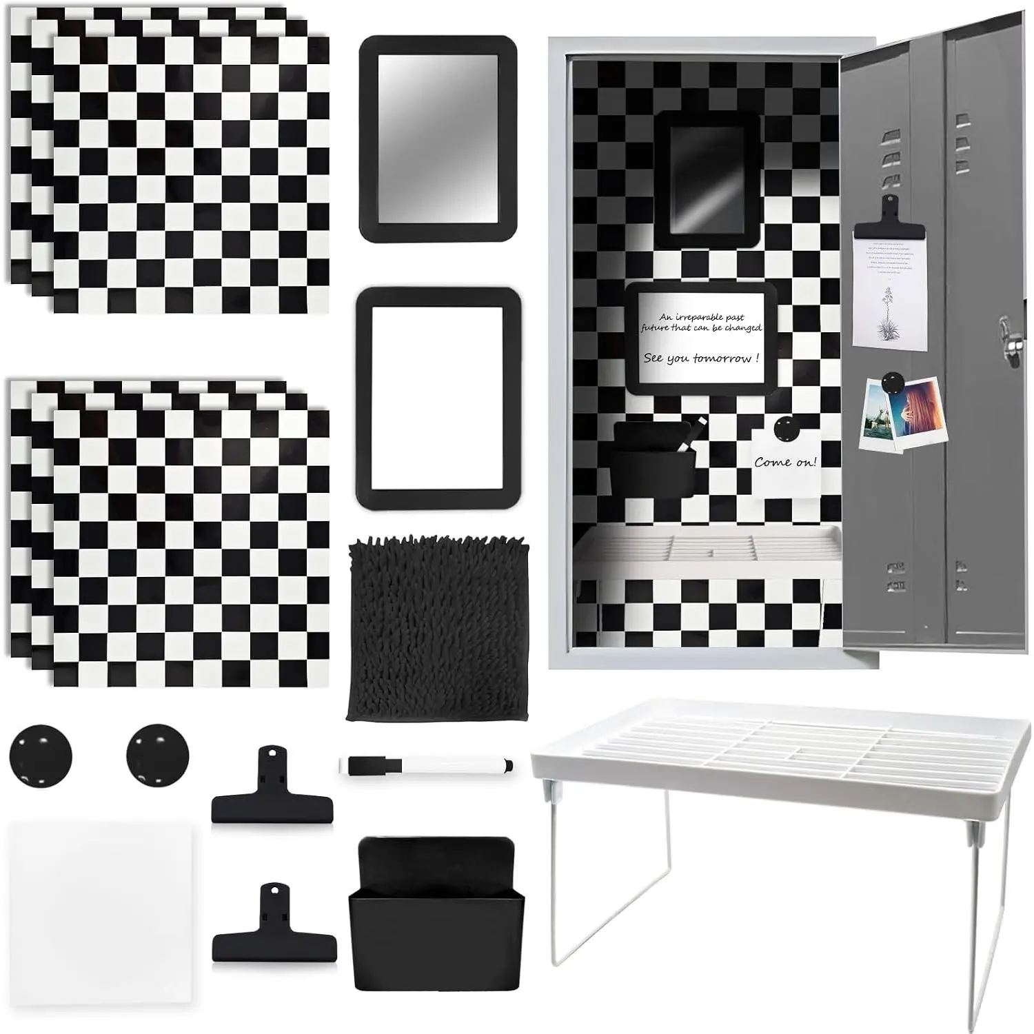 17Pcs Locker Set with Magnetic Accessories, Whiteboard, Shelf, Mirror, Rug & More for School Lockers，Checker Style (Black Checker)