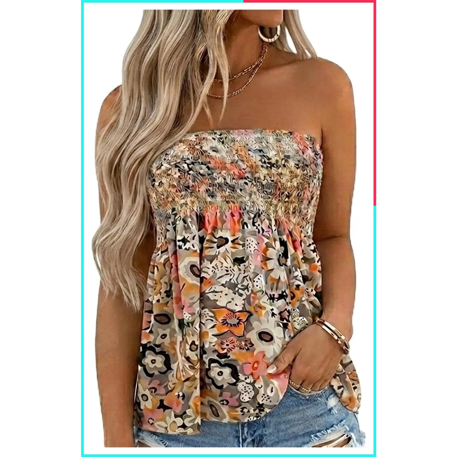 Womens Smocked Strapless Bandeau Tube Top Backless Flowy Sleeveless Floral Tunic Shirt