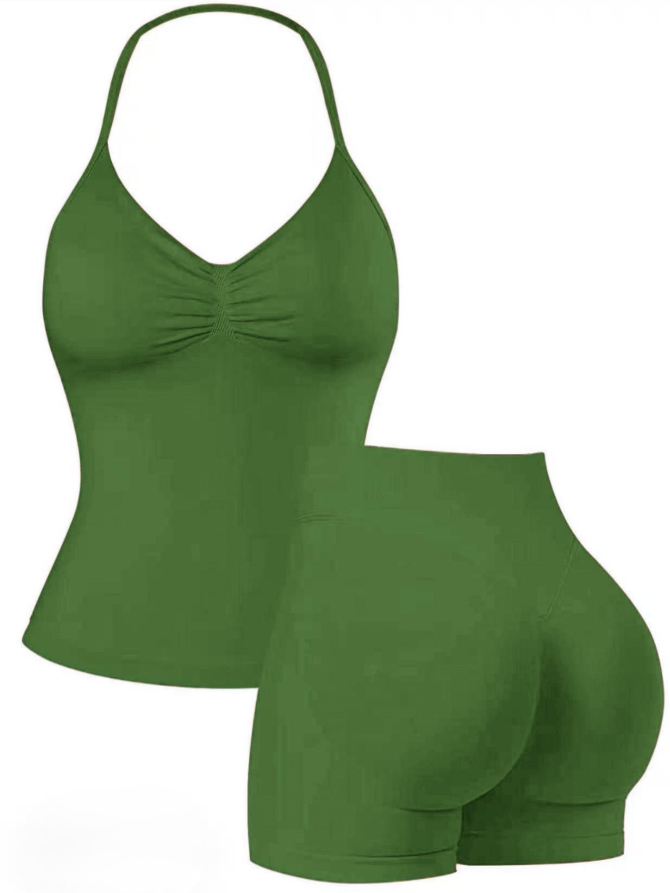 Women's Upgraded Square Neck Halter Sports Tank Top and High Waist Shorts Sporty Set, Sportswear, Yoga Clothes, Perfect for Yoga Fitness Party