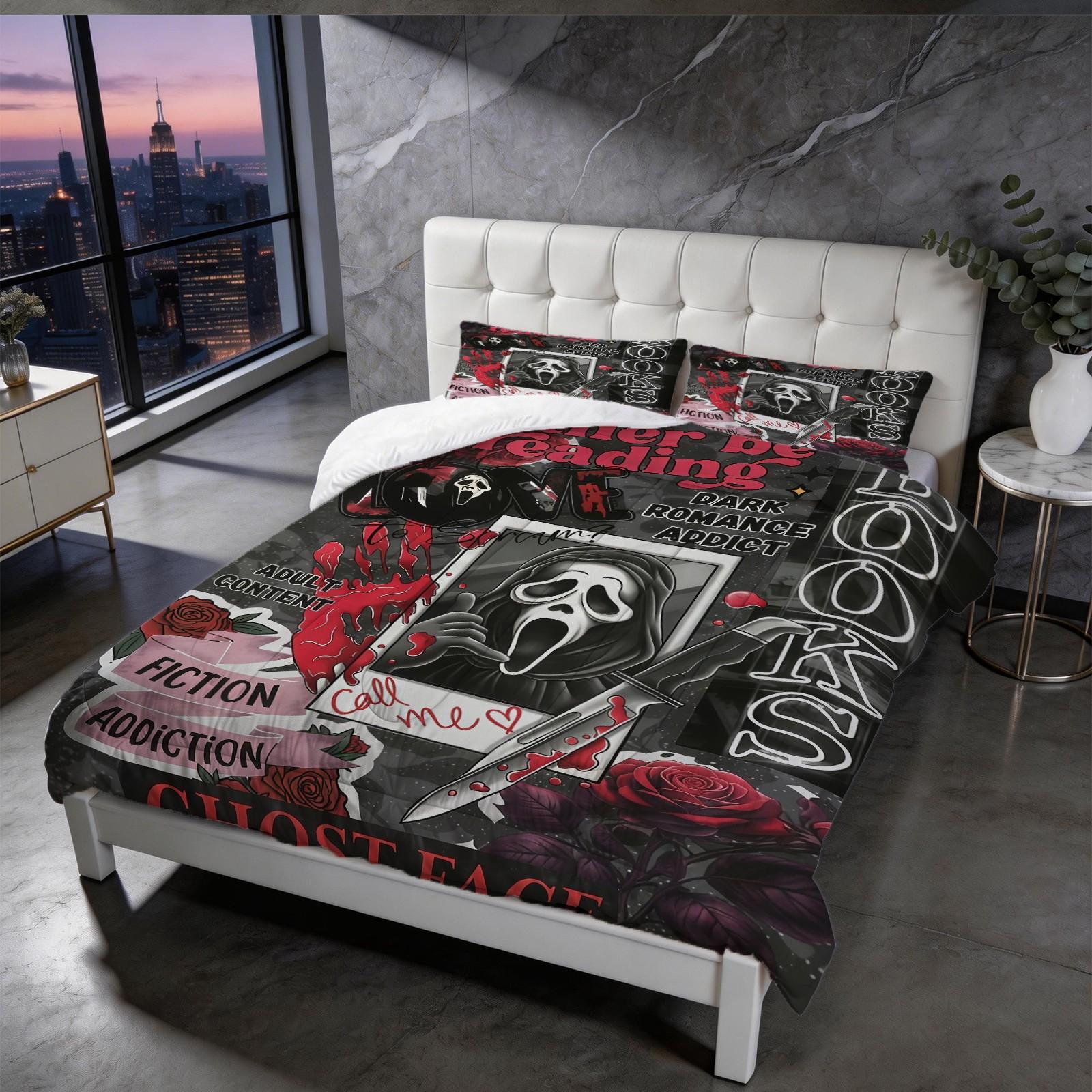 2/3 Piece Scream Ghostface Comforter Set, 1 Comforter + 1/2 Pillowcases, Dark Romance Horror Movie Bedding, Spooky Bedroom Decor for Halloween, Graduation & Adult Ceremony, Perfect Gift for Movie Fans & Book Lovers