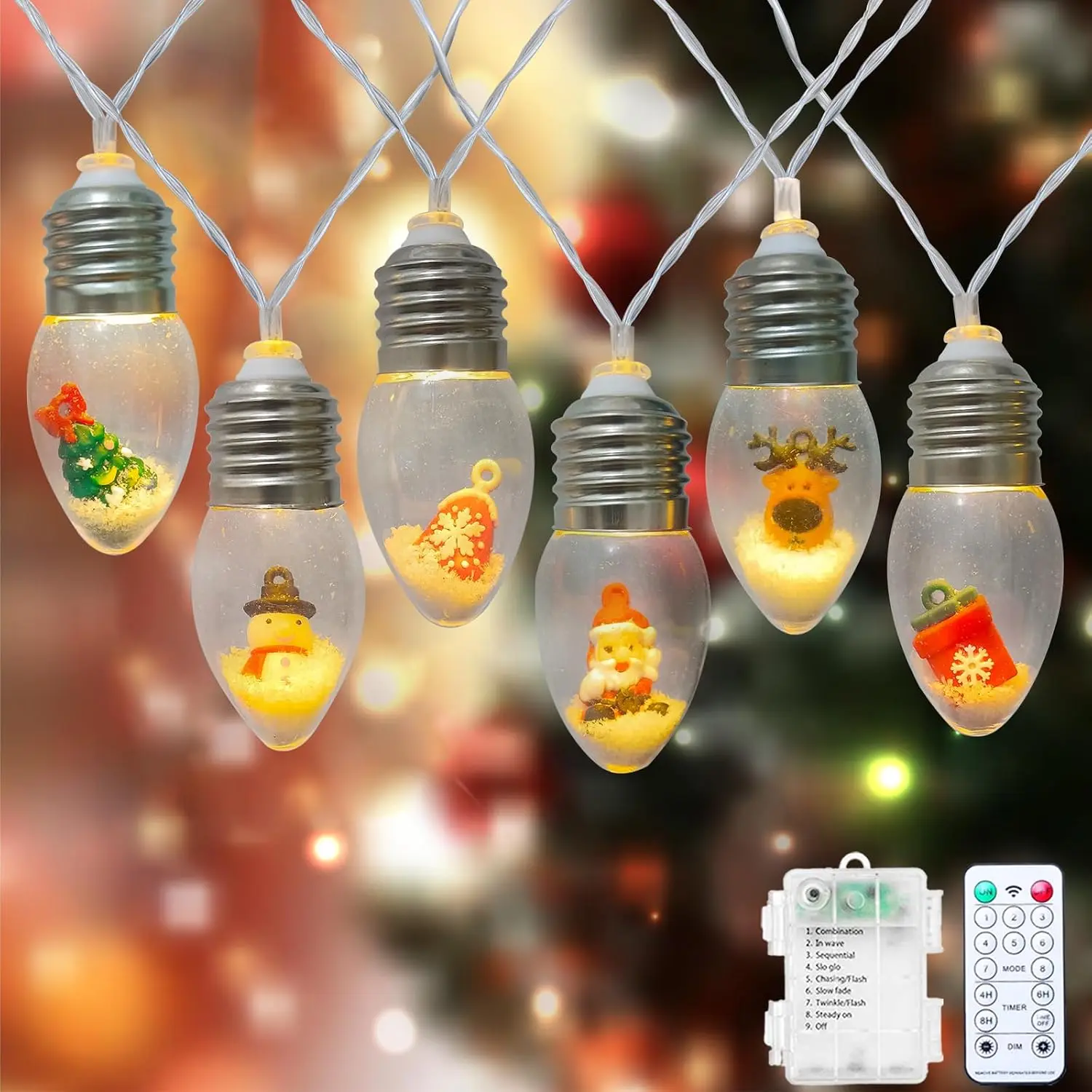 Christmas Lights Indoor 8Ft 12 LED Snow Globe Christmas Lights  Operated with Timer, Warm White  Xmas Light for Tree Bedroom Fireplace Xmas Decor
