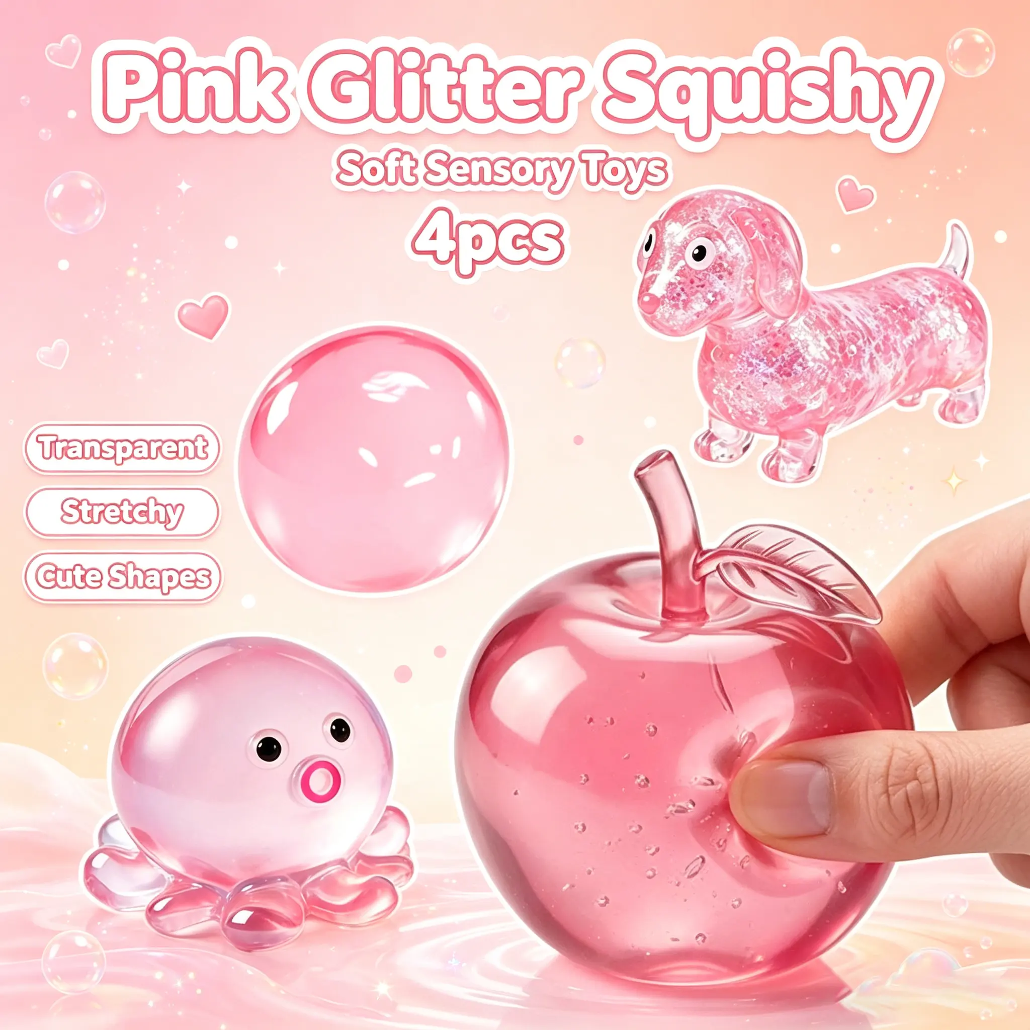 Pink Glitter Transparent Squishy Pack, 4 Cute Shapes Apple, Dachshund, Octopus & Ball, Stretchable Jelly Squeeze Toy, Anxiety Relief Fidget Toy for Kids and Adults