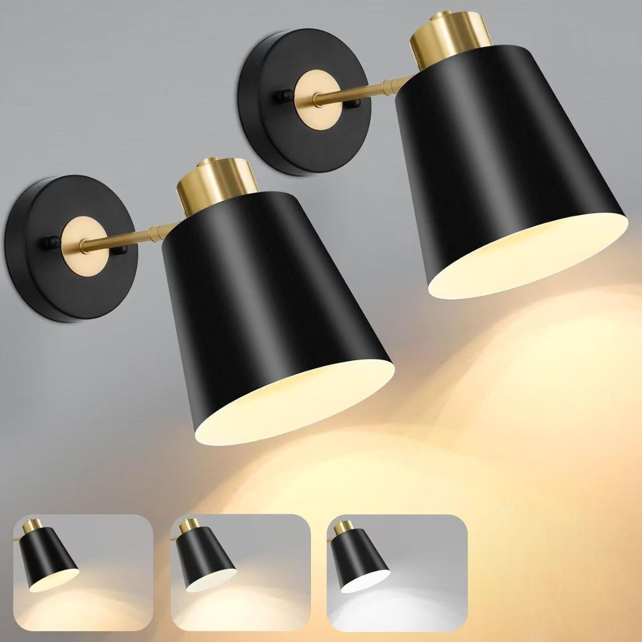 2-Pack Battery-Powered Wall Lamp, Black/Gold, Rechargeable Wall Light, Adjustable Bulb with Remote, 12 Colors, for Bedroom Living Room