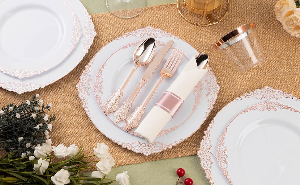 Rose Gold Plastic Dinnerware Set 350PCS - 100 Plates 50 Silverware & Napkins Disposable Cups for Weddings Events Anniversary Elegant Design Premium Quality Rose Gold Plastic Dinnerware Set 350PCS - 100 Plates 50 Silverware & Napkins Disposable Cups for Weddings Events Anniversary Elegant Design Premium Quality