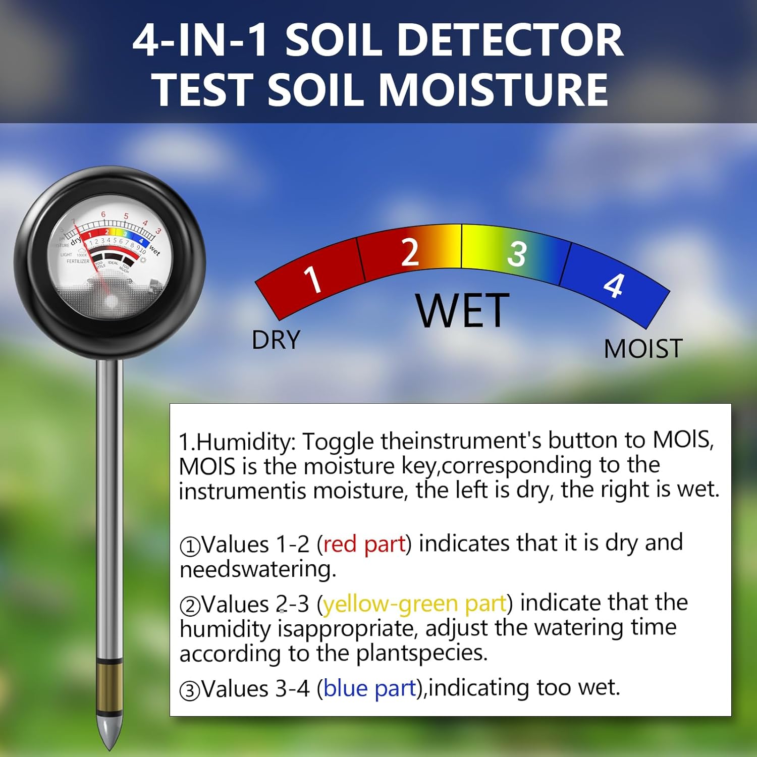 4-in-1 Soil Tester,  Free   Meter with PH//Light Test/Fertilizer, Soil PH Meter for Garden, Lawn, Potted , Farm (90? Rotation)
