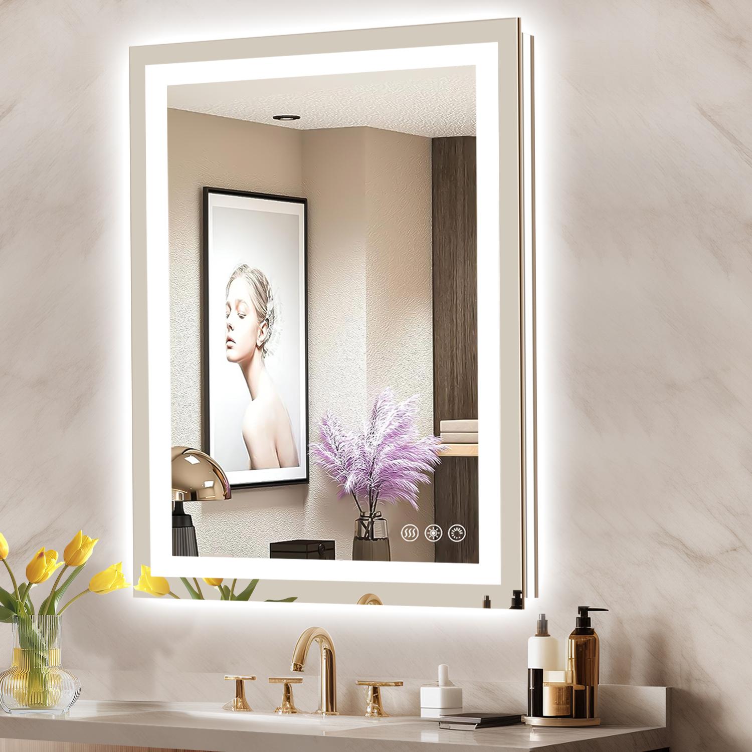 GLITGATE LED Bathroom Mirror With Lights Stepless Dimmable Brightness 3-Colors options Anti-Fog Memory function Smart Mirror Touch Sensor LED Mirror For Bathroom Wall Mounted Horizontal/Vertical