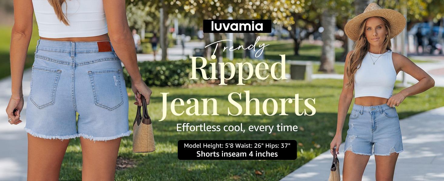 luvamia Jean Shorts for Women Trendy High Waisted Ripped Distressed Raw Hem Stretchy Denim Shorts Country Concert Outfit