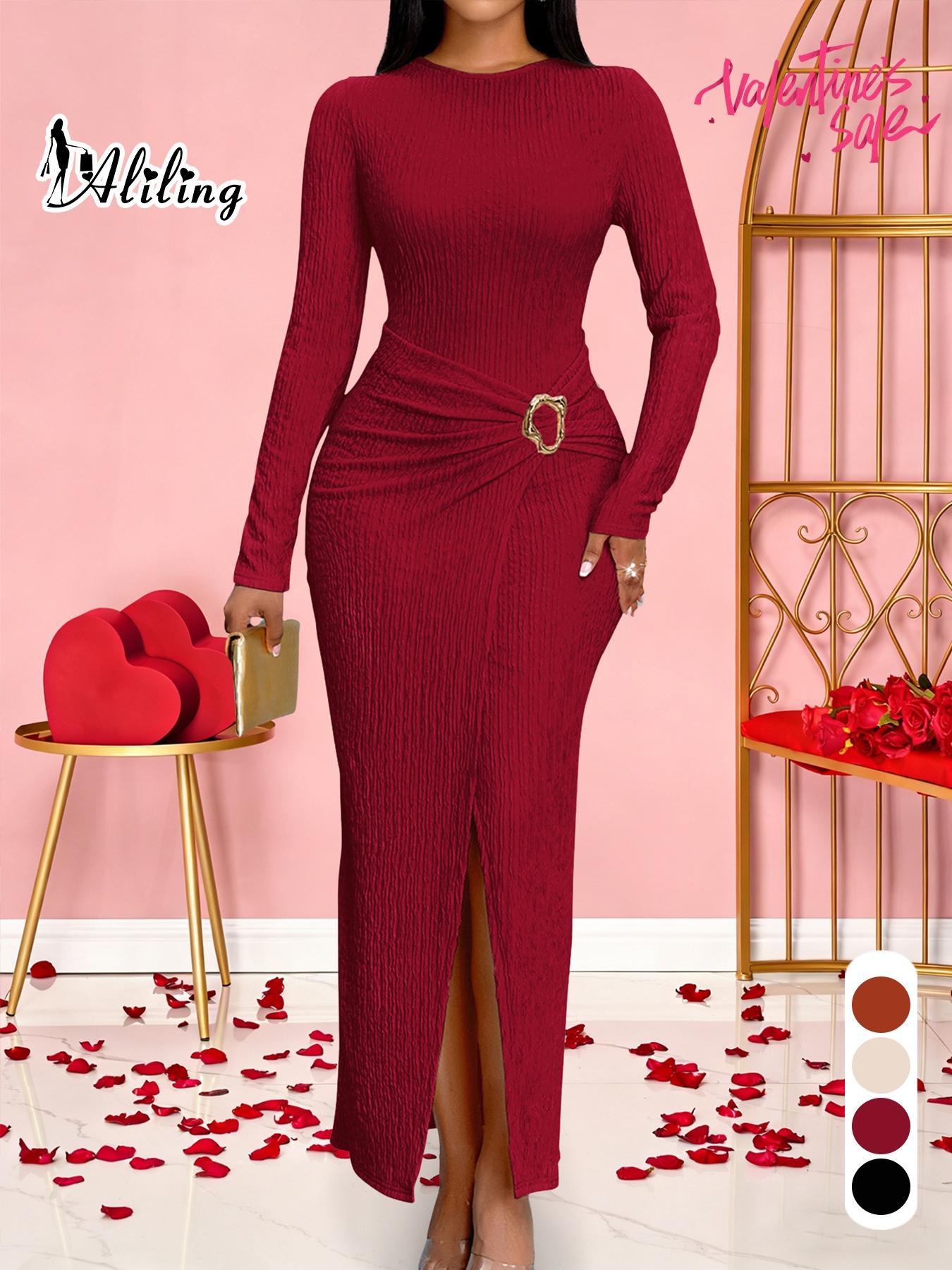 Aliling Women For Dresses Round Neck Long Sleeve Slim Fit Slit Hem Long Dresses for Lady, Solid High Waist Bodycon Slim Female Elegant Party Clothing Casual