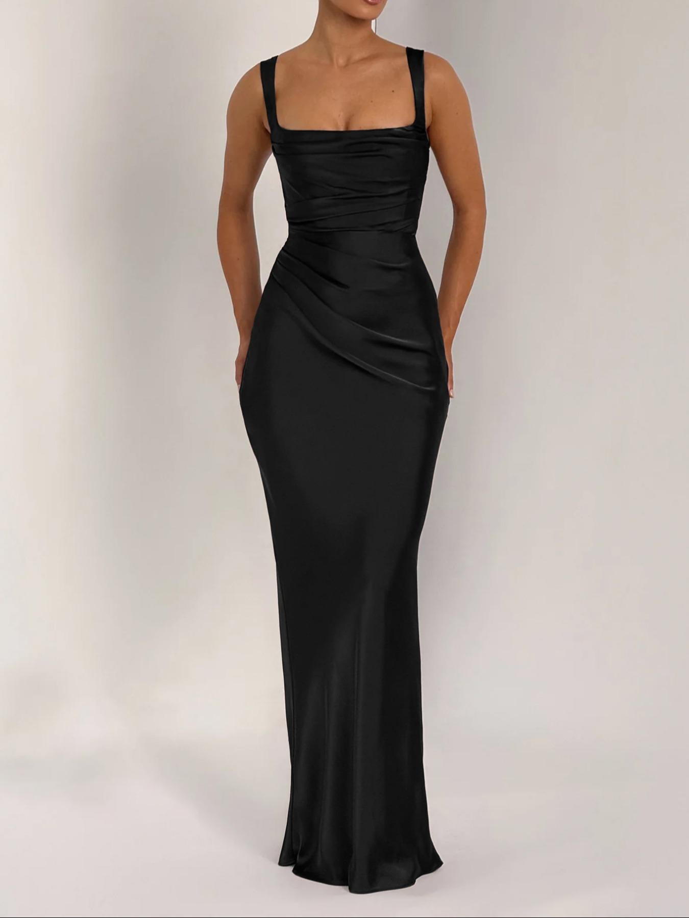 Pure Color Satin Adjustable Square Neck Sleeveless Dress, Elegant Evening Gown with Waist Cinching and Back Tie, Slim-Fitting Long Dress