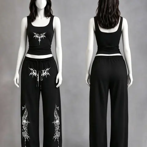 Women's Casual Home Wear Set, V-Neck Slim Fit Tank Top + Loose Long Pants, Gothic Y2K Style, Perfect for Daily Commute & Streetwear Clothes