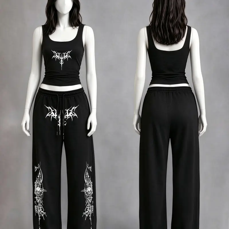 Women's Casual Home Wear Set, V-Neck Slim Fit Tank Top + Loose Long Pants, Gothic Y2K Style, Perfect for Daily Commute & Streetwear Clothes