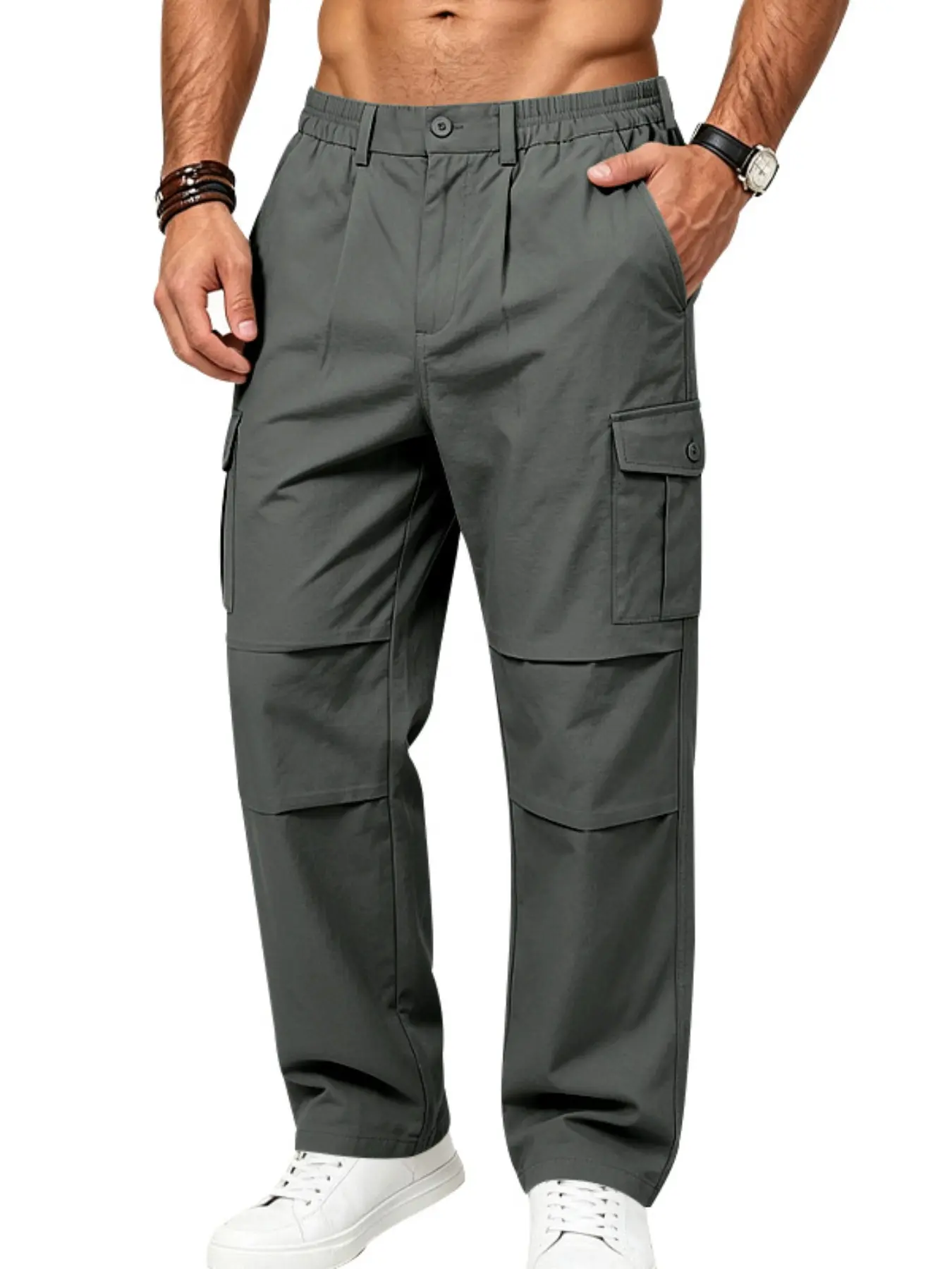 Men's Elastic Waist Straight Leg Work Pants, Half Elastic Waistband, Multiple Large Pockets, Outdoor Functional, Wrinkle-Resistant Casual Workwear