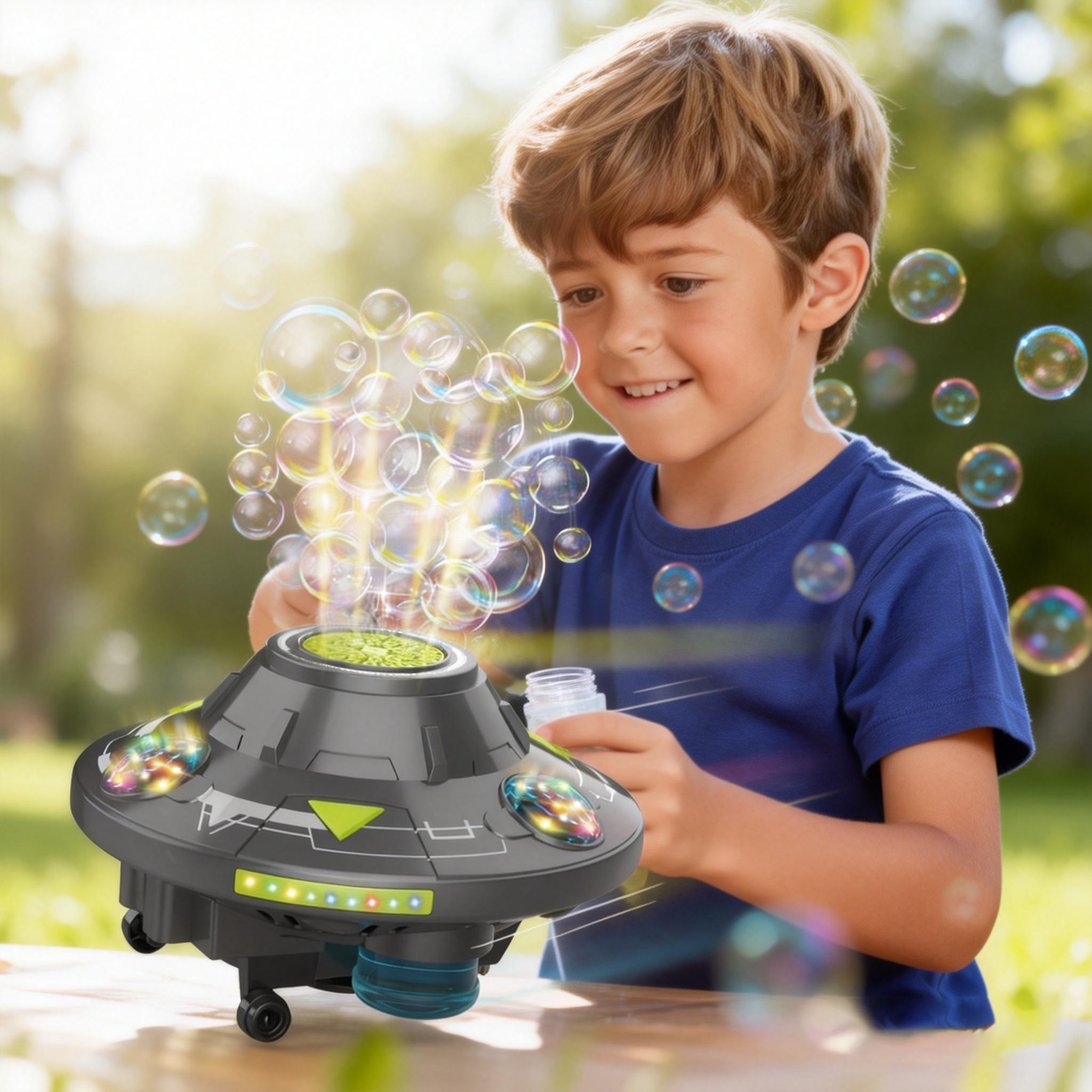 Kids Portable Bubble Machine UfO Shape LED Lights Music, Multifunction Bubble Maker, 360° Rotating Automatic Obstacle Avoidance, Electric Blow Bubbles ,Massive Bubble Output Safe Spring Summer Outdoor Funny Toy for Ages 3+Boys and Girls Birthday Gift