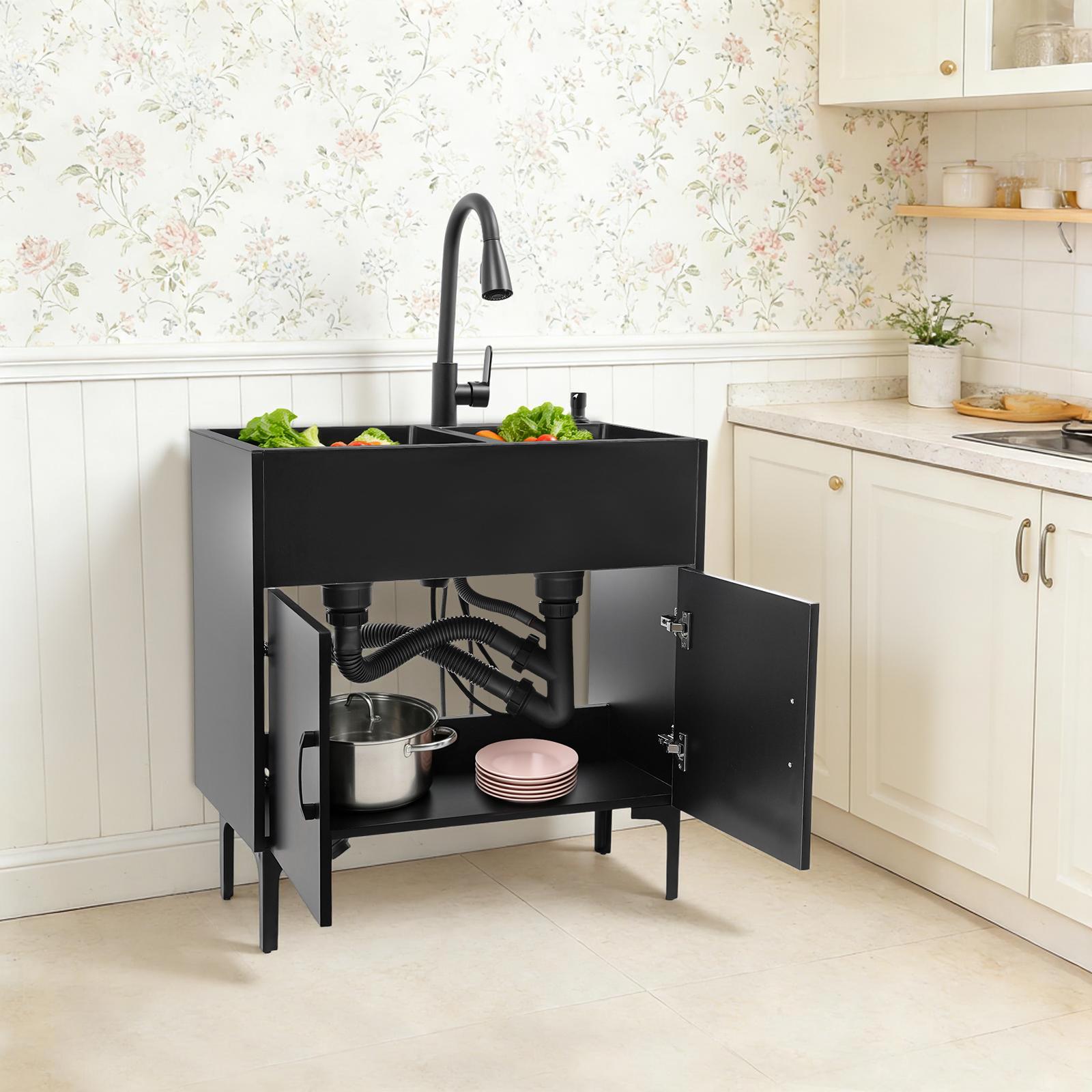 Laundry Utility Sink with Cabinet & Pull-Down Faucet Freestanding Stainless Steel Utility Sinks with 2 Doors Deluxe Bouble Kitchen Sink Wash Station Tub for Laundry & Kitchen, Bathroom(Black) Laundry Utility Sink with Cabinet & Pull-Down Faucet Freestanding Stainless Steel Utility Sinks with 2 Doors Deluxe Bouble Kitchen Sink Wash Station Tub for Laundry & Kitchen, Bathroom(Black)