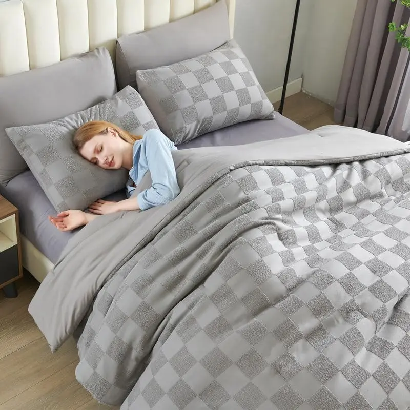 7 Pieces Grey Queen Comforter Set, Boho Tufted Bed in a Bag, Checkered Farmhouse Soft Bed Set, All Season Comforter with Sheets, Pillowcases & Shams