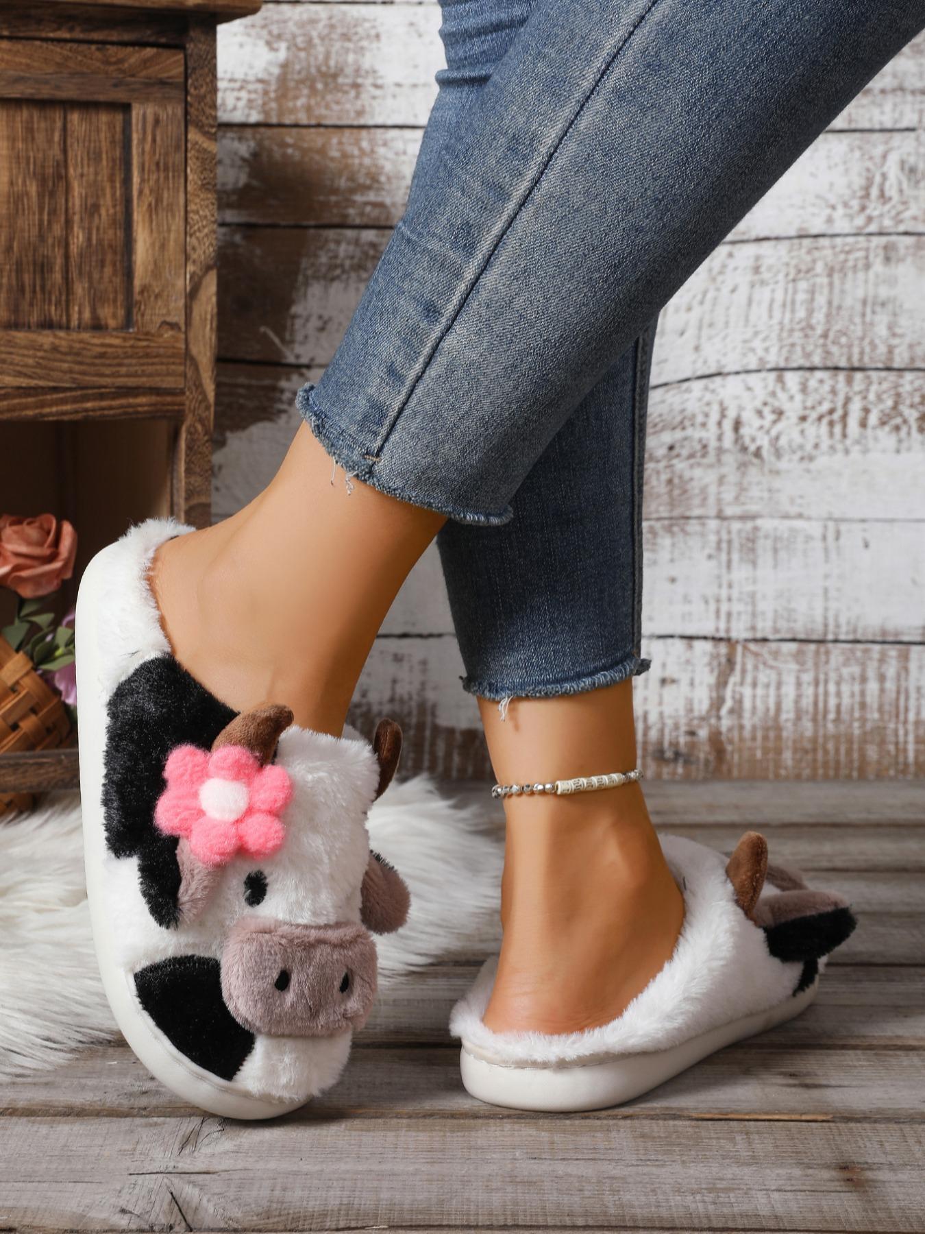 Women's Cute Cow Design Plush Slippers, Warm Bedroom Soft Slippers, Indoor Outdoor Silent Non-Slip Slippers, Casual Animal Pattern,Christmas Gifts For GF