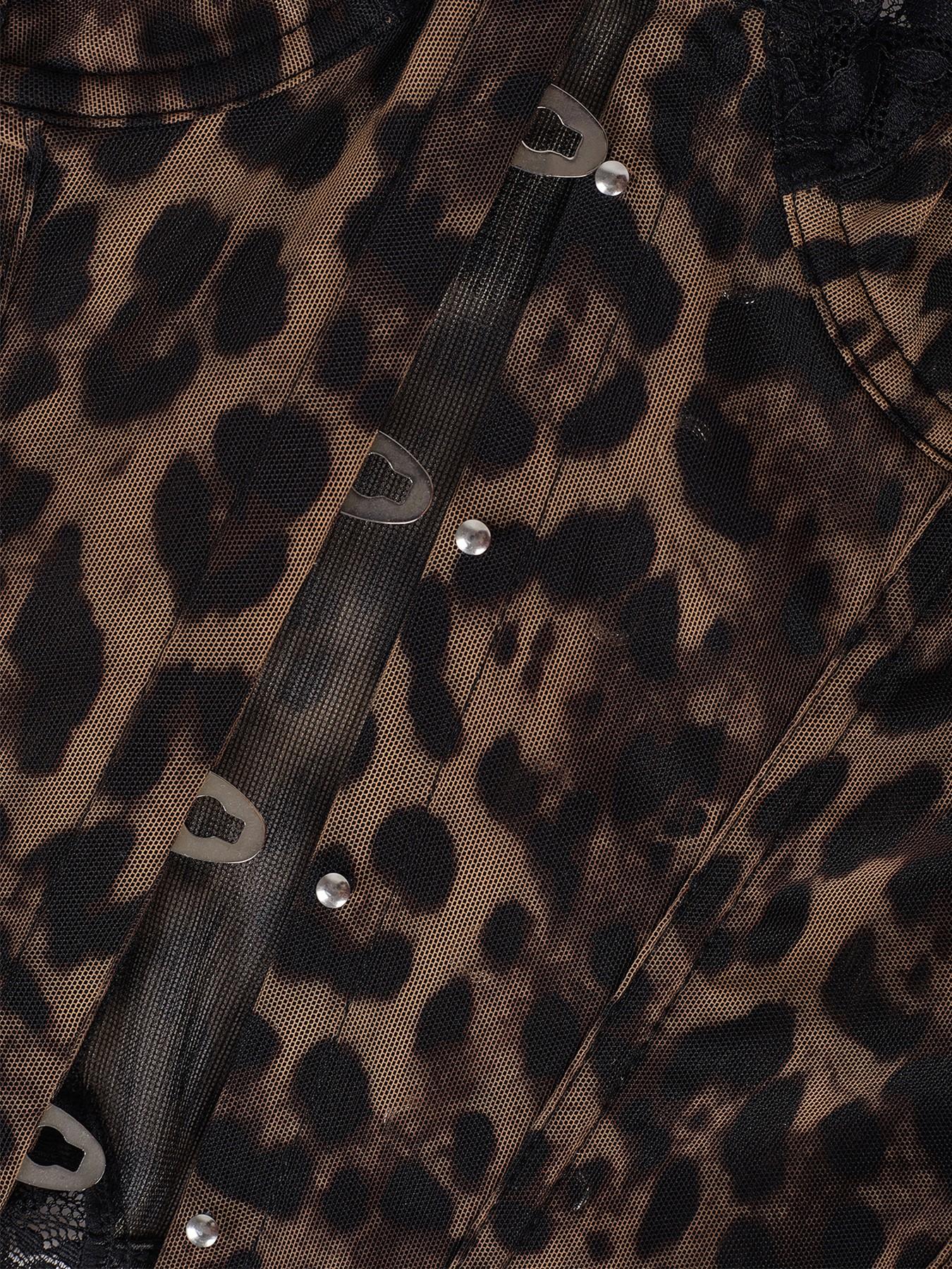 Y2K Leopard Print Lace Trim Corset Top Front Buckle Boned Waist Trainer Sheer Mesh Slimming Bustier For Women Club Party Date Night Outfit