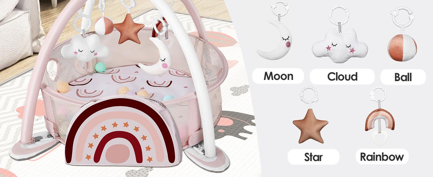 Dearlomum 4-in-1 Baby Play Mat Rainbow Baby Gym Tummy Time Mat for Floor Activity with 30 Balls & 5 Sensory Toys for Newborn Toddler Boy & Girl Gifts - Playpen