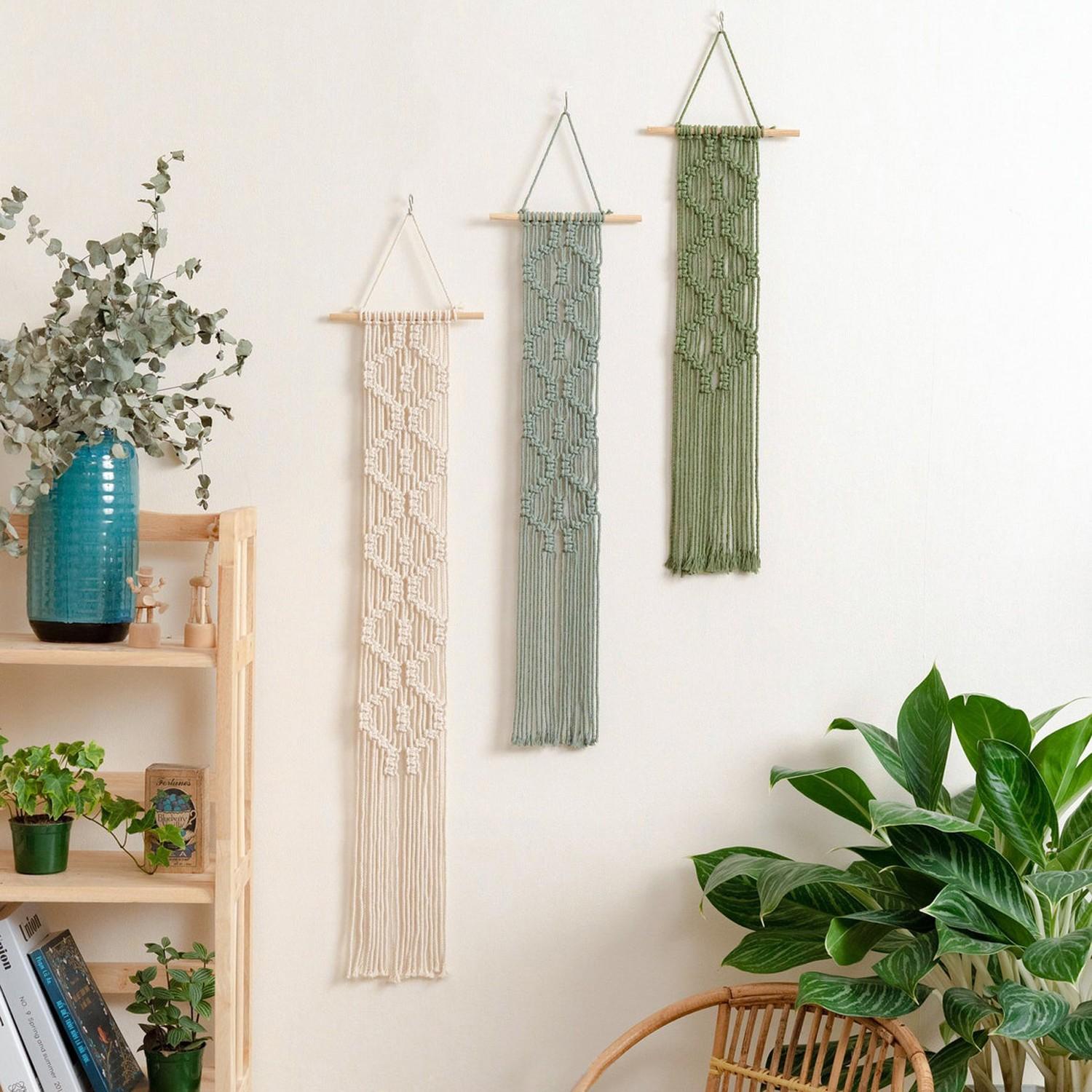 Macrame Wall Hanging Boho Style, Handmade Geometric Pattern, Tassel Background, Bed Headboard Decor, Combinable Strips, Wall Blanket