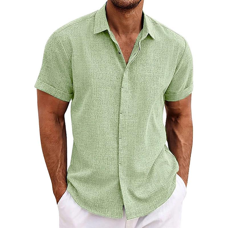 Men's Plain Linen-Polyester Short-Sleeve Button-Down Shirts - Loose-Fitting, Collared Neck, Lightweight, Breathable, Skin Friendly, Street Casual Tops for Daily, Semi-Formal Menswear