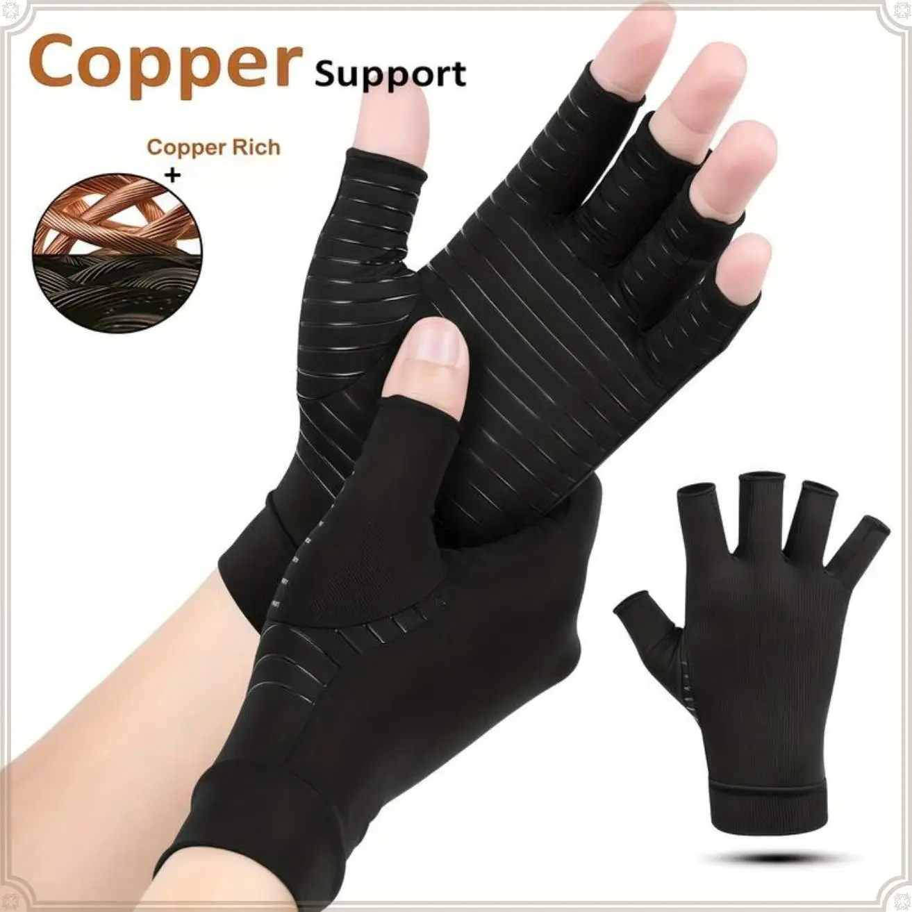 Copper Fiber Breathable Compression Gloves - Anti-Slip Palm, Gentle Support for Hand Finger Relief, Arthritis, Carpal Tunnel & Tendonitis, Men & Women, Ideal for Typing, Gardening, All-Day Wear (Also Available in Fingerless Style), Fingerless Gloves