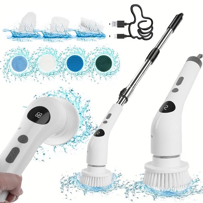 Multifunctional Electric Rotating Cleaning Brush, Wireless Bathtub and Tile Cleaner, LED Display Shower Brush, 2 Speeds, 7 Replaceable Heads