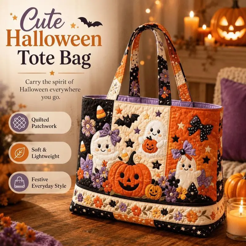 Chic Aesthetic Quilted Patchwork Fabric Halloween Tote Bag Lightweight Roomy Reusable Grocery Shoulder Handbag Autumn Trick Or Treat Party