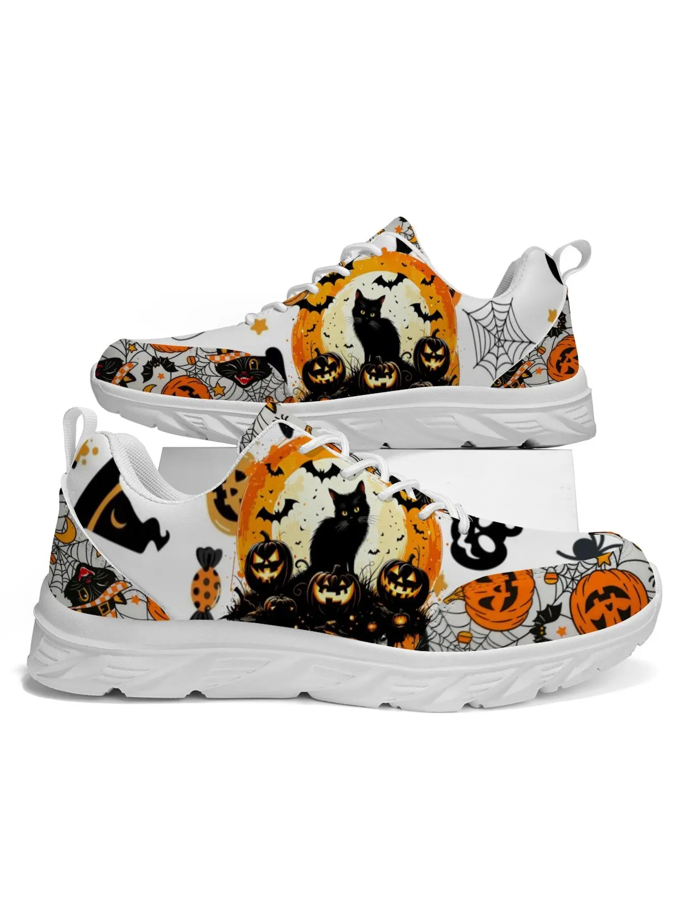 Halloween Retro Spooky Holiday Graphic Low Top Man Woman Lace Up Running Shoes, Comfort Non Slip Thick Sole Walking Footwear, Halloween Kitten Jack O' Lantern Full Print Party Sports Shoes
