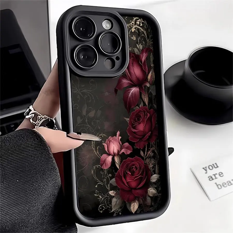 Phone Case - Dark Red Rose Phone Case for Apple iPhone 12 13 14 15 16 17 PRO Drop Proof Phone Case, Camera Protection Soft Case, Retro Elegant, Gift Available