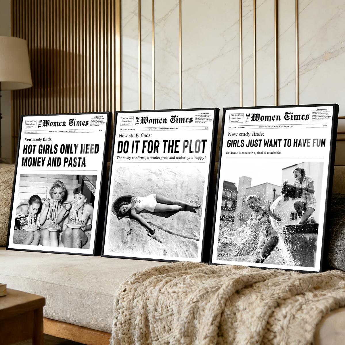 3 Counts Aluminum Alloy Framed Painting, Vintage Women Newspaper Poster Set, Home Decoration For Living Room, Bedroom, Office, Restaurant, Hallway Wall Decor, Odorless Print Artwork, Luxury Perfect Gift For Friends And Family