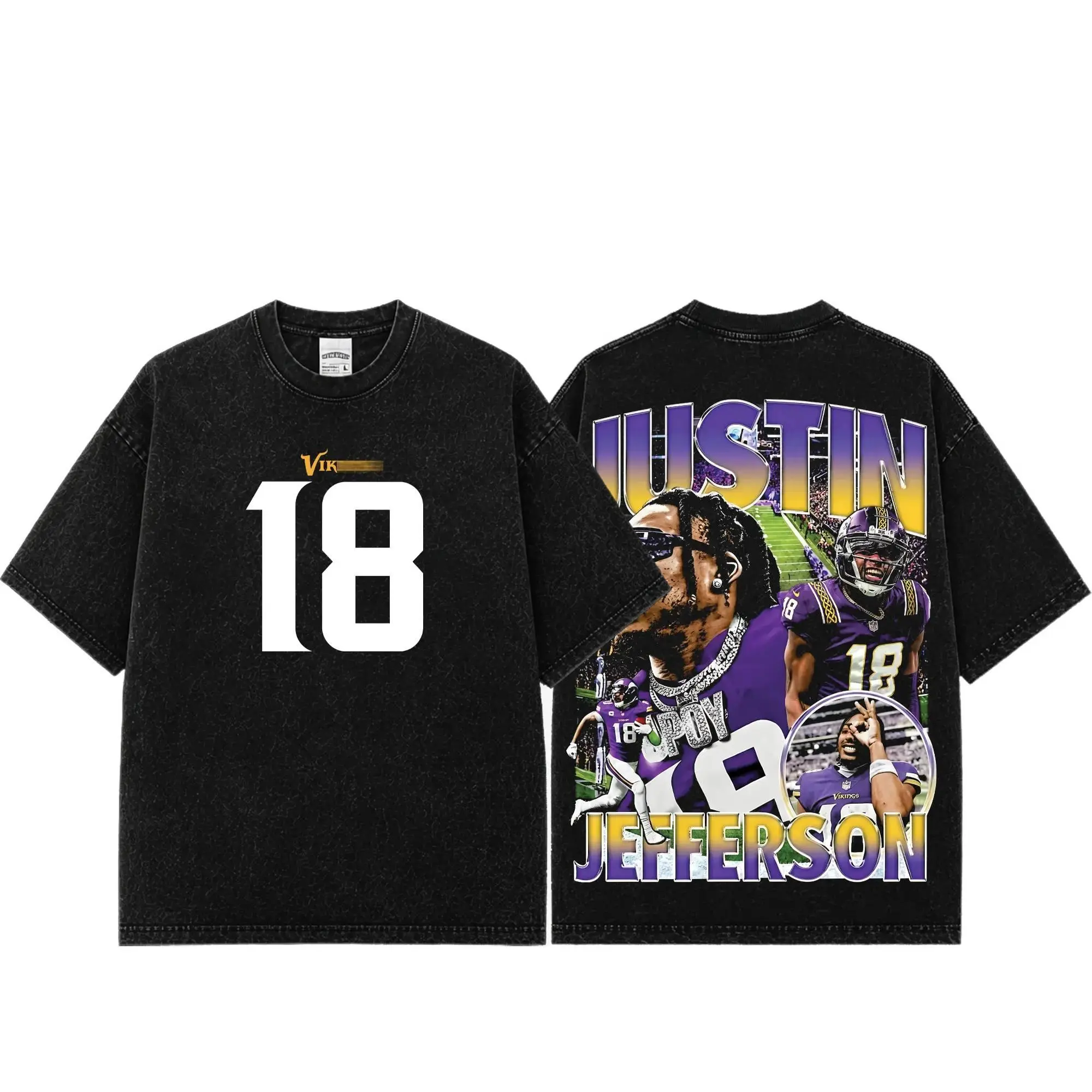 [Sale Up To 50%] Unisex Justin Jefferson #18 Premium Acid Washed Cotton Menswear T-Shirt - Heavyweight Vintage Football Graphic Tee, JJettas Fan Tops, Vikings Game Day All Seasons Apparel, Oversized Shortsleeve Streetwear, Men's Graphic Tees Gift