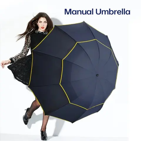 Manual Folding Umbrella, 10-Rib Double-Layer Ventilated, Windproof Water Proof Rain Sun Shelter, Business Large Umbrella, 110cm Diameter, 450g, Durable