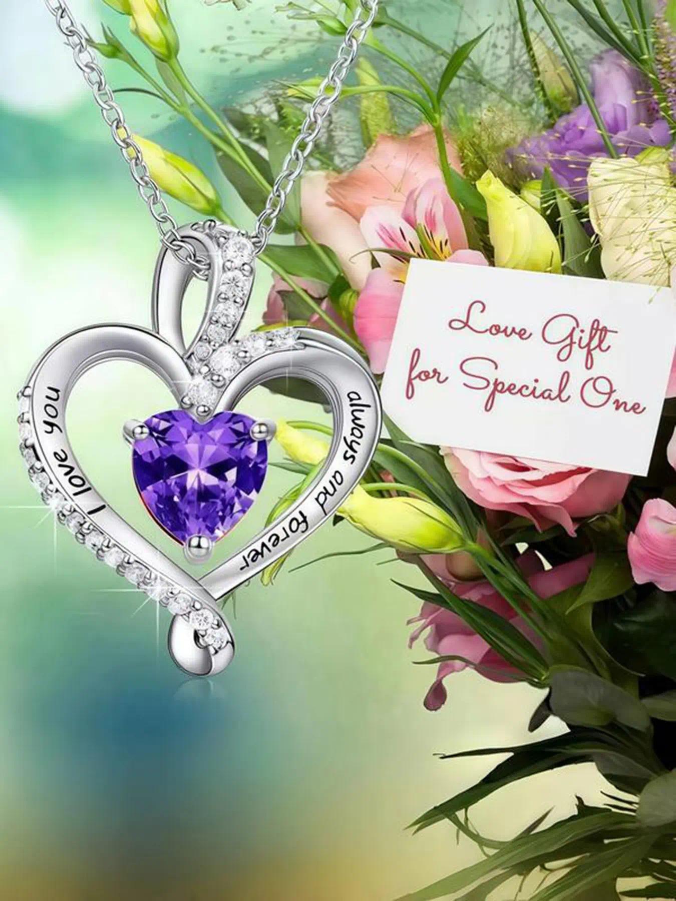 A romantic teddy bear necklace with a birthstone rotating pendant and heart design, perfect for women. It's the perfect gift for Valentine's Day, weddings, Mother's Day, anniversaries, birthdays, and Christmas.