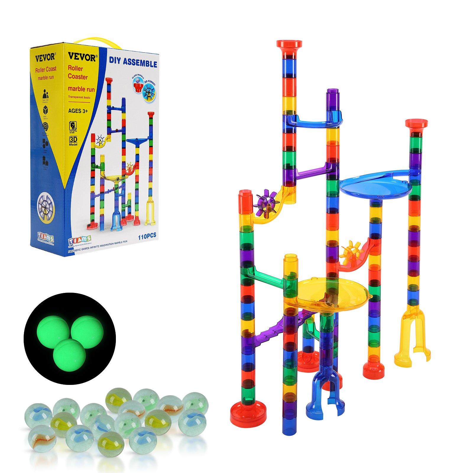 VEVOR Marble Run Set, 110 Piece Marble Maze Building Block Brain Game, with 10 Glow in the Dark Marbles + 20 Glass Marbles, Educational Learning Race Track STEM Toys, for Kids, Boys, Girls Ages 3 +