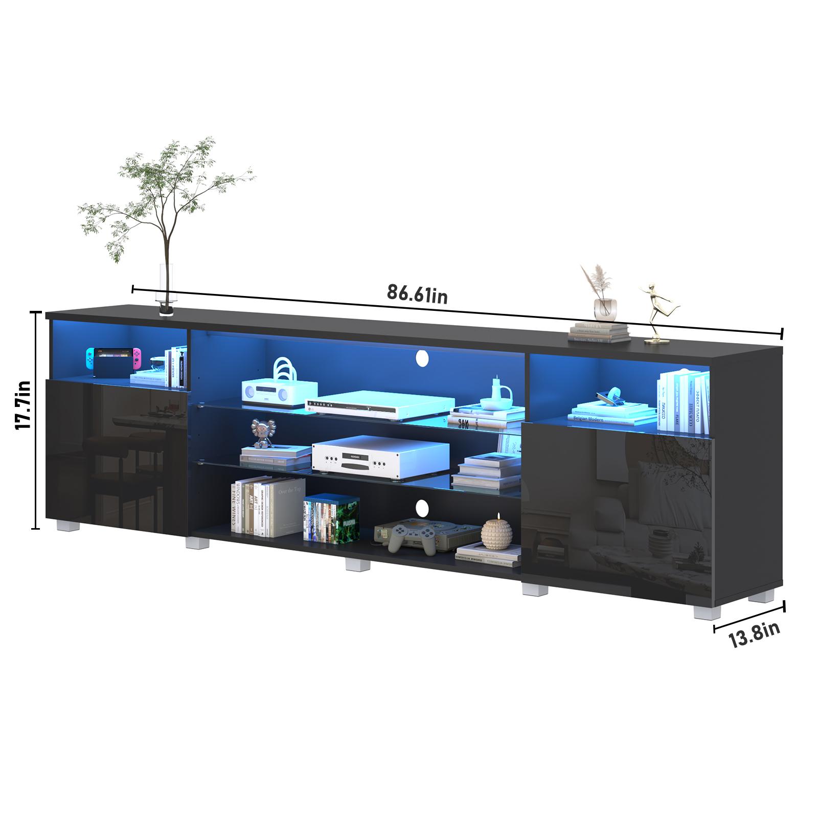 TV Stand with 16 Color LED Lights, Media Console with Drawer and Glass Open Shelf for 65/75/85/90/100 inch TV, Modern Gloss Entertainment Center for Living Room, Black/white