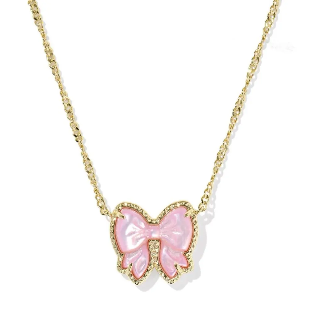 Elegant Pink Mother Of Pearl Bow Pendant Necklace Gold Tone Paved Rhinestone Frame Dainty Thin Chain Sweet Feminine Clavicle Jewelry For Women Daily Office Outfit & Gifting, Office Outfits Women, Corporate Office Wear