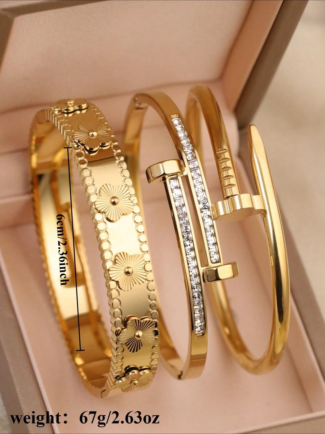 3pcs fashionable 18K gold-plated stainless steel bracelets, suitable for women's gatherings, daily wear, personalized, generous, luxurious cubic zirconia wristbands, wedding jewelry sets, gifts for girls, women, relatives, and friends