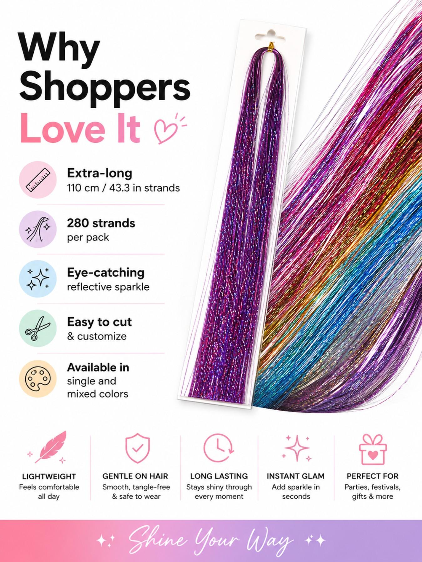 14pcs Glitter Colorful Clip On Hair Tinsel Kit,Synthetic Fiber Hair,20 Inch Clip In Hair Tinsel Extensions,Sparkle hair extensions,Clip-on Hair Pieces,clip in hair accessories,Cosplay Party Festival hair extensions