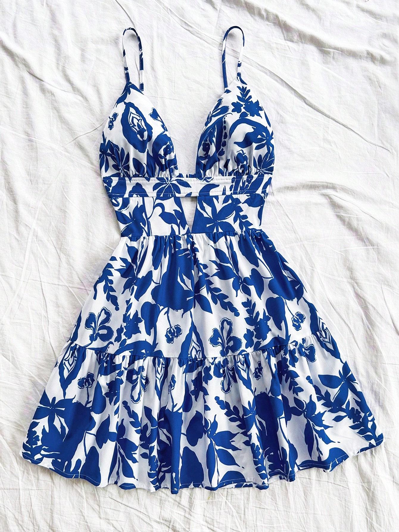 Spring Floral Halter Flowy A Line Dress Cut Out Smocked High Waisted Short Vacation Dress Sundresses