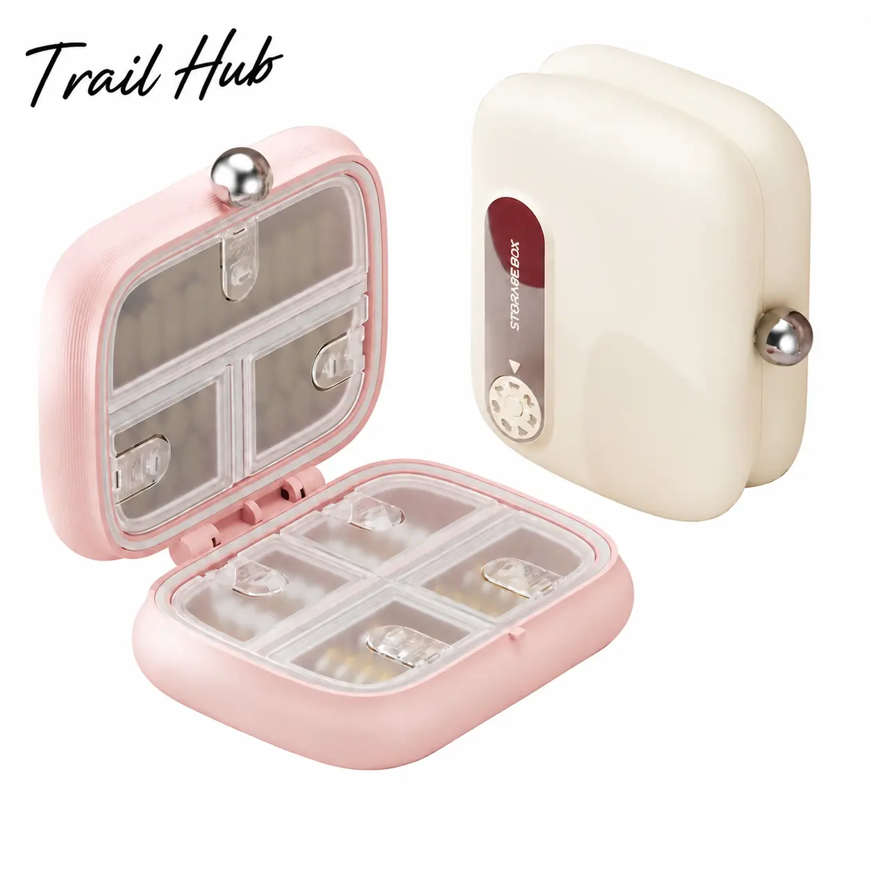 Compact portable pill organizer with 7 labeled daily compartments, durable BPA-free plastic construction, leak-proof design, and compact dimensions ideal for vitamins, supplements, and prescription medications during travel, work, or daily home use.