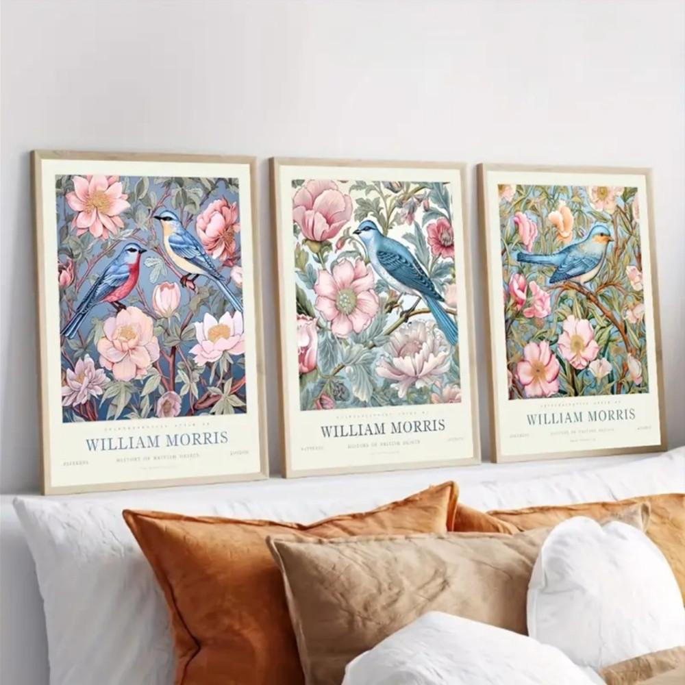3 Pieces Optional Wooden Frame William Morris Floral Bird Wall Poster Canvas Painting Floral Wall Art Plant Retro Print Living Room Home Decor Color Accurate Reproduction Hanging Painting Clear Texture Canvas Print