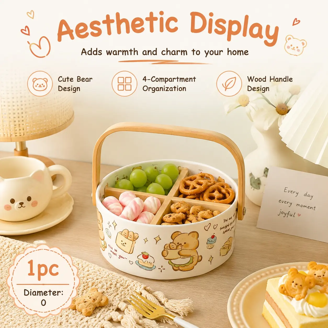 Household Hand‑Carried Ceramic Divided Fruit Plate, Cute Bear Print Snack Plate, Party Afternoon Tea Candy Fruit Serving Platter