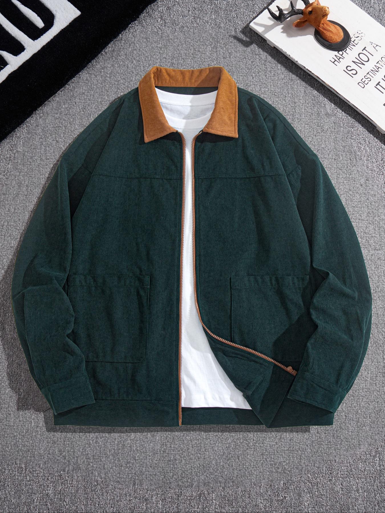 Men's Fashion Vintage Corduroy Jacket, Casual Loose Fit Colorblock Collar Design, Perfect for Outdoor Leisure & Trendy